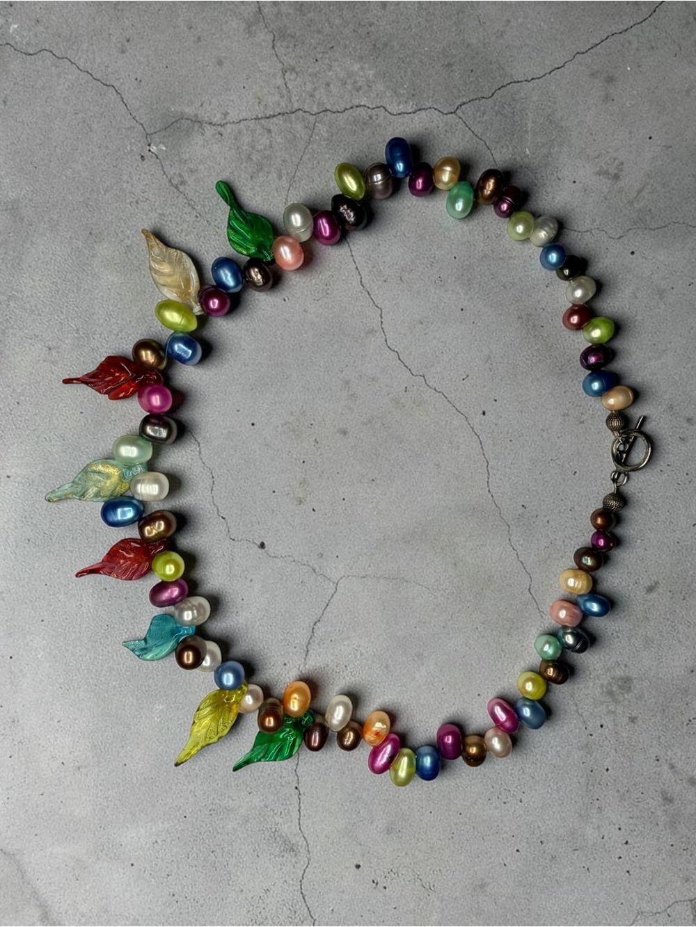 Multicolor Pearl Necklace with hand blown glass Leaf Charms - Colorful Beaded
